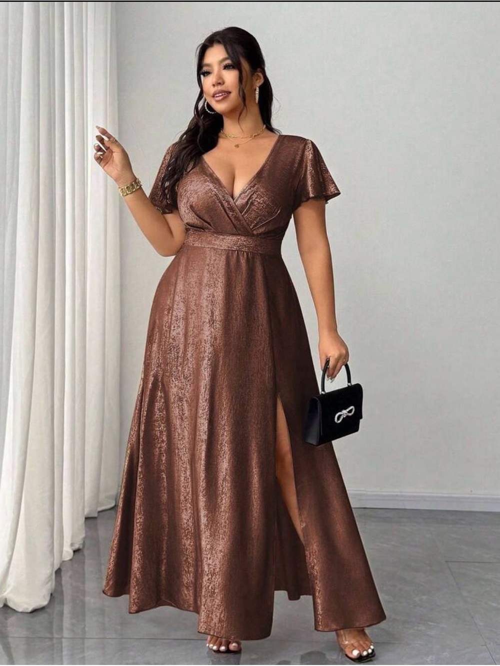Elegant Brown V-Neck Metallic Maxi Dress